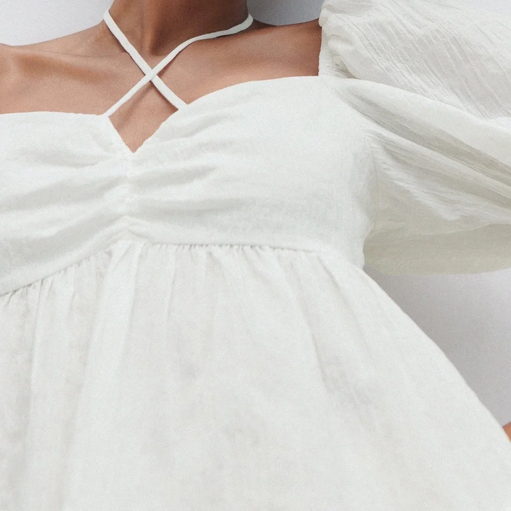 ZARA Oyster White Cotton Puff Sleeve Peplum